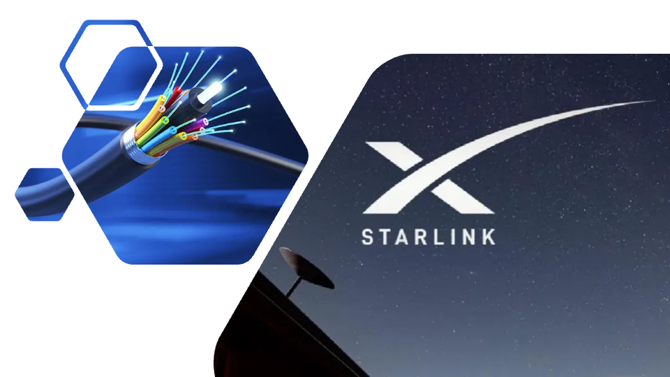 Antena Starlink junto a un cable de fibra óptica